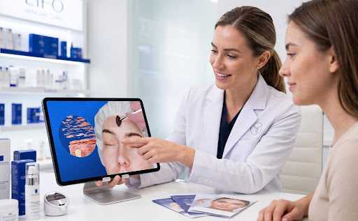 A dermatologist points to a tablet screen showing a diagram of skin layers and a close-up of a person receiving a cosmetic treatment to explain a procedure to a client. 